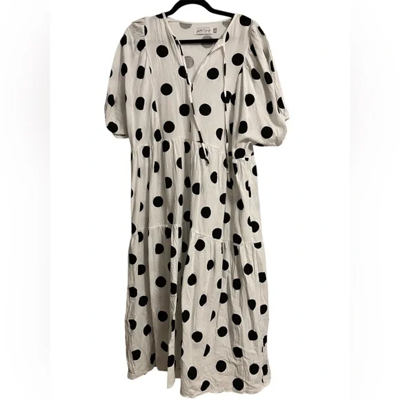 Petal & Pup Midi Tiered Skirt Flowy Polka Dot Puff Sleeve Tie Neck Tarnie Dress - Picture 2 of 11